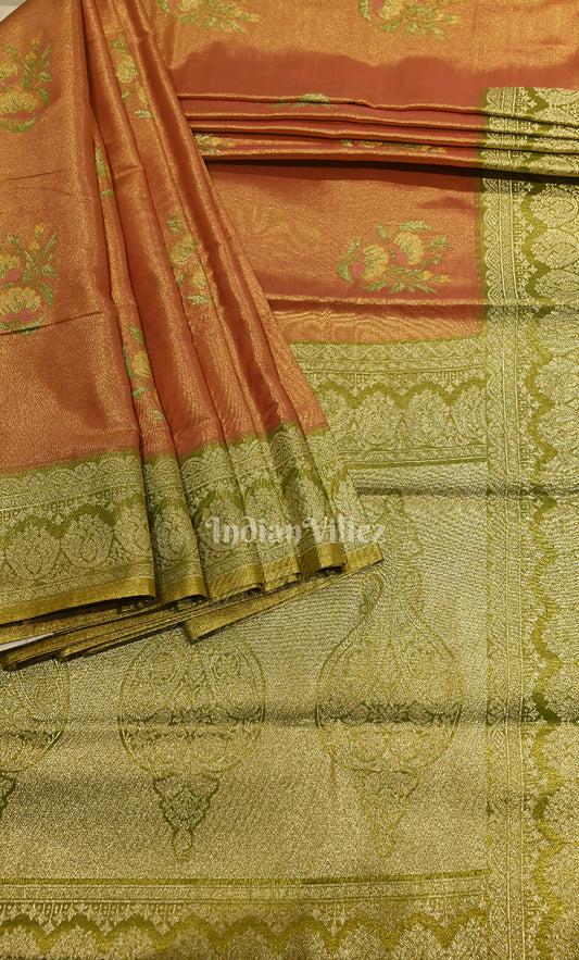 Peach Olive Green Pure Brocade Kanjivaram Silk Saree