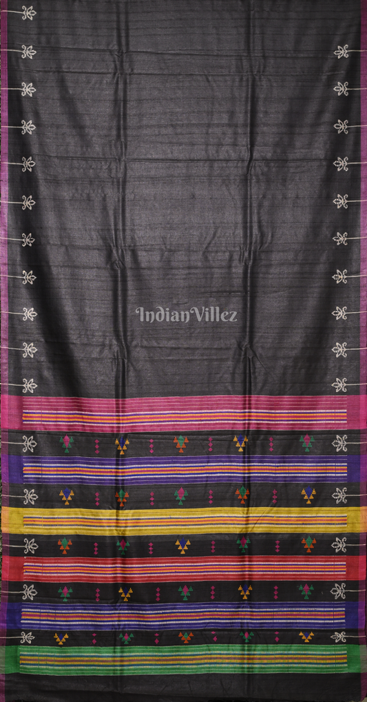 Black Pure Handspun Gopalpur Tussar Ganjam Bomkai Saree