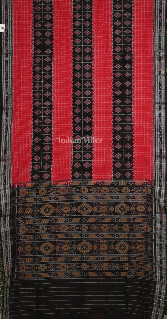 Red Checks Black Middle Pasapali Odisha Ikat Sambalpuri Cotton Saree
