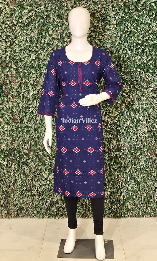 Blue Red Pasapali Odisha Ikat Designer Cotton Kurti for Women