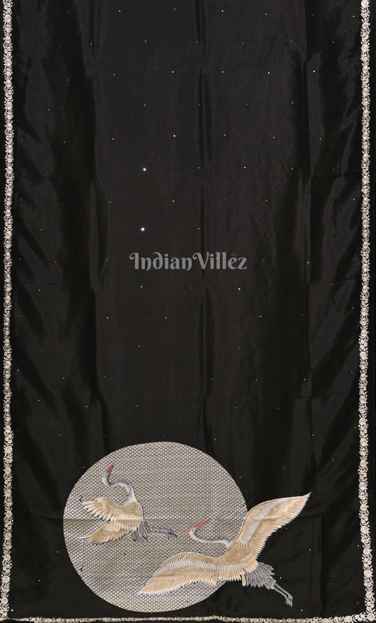 Black Parsi Gara Satin Hand Embroidery Saree