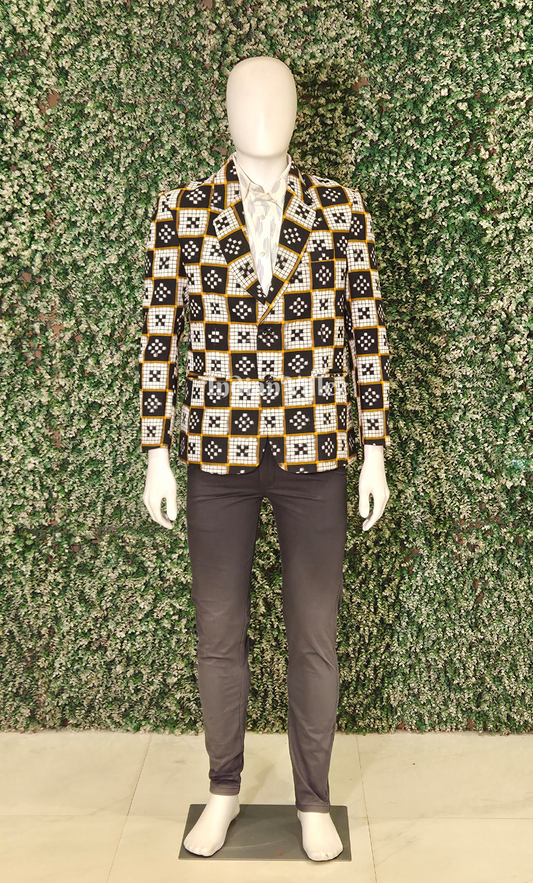 White Black Pasapali Odisha Ikat Men's Designer Blazer