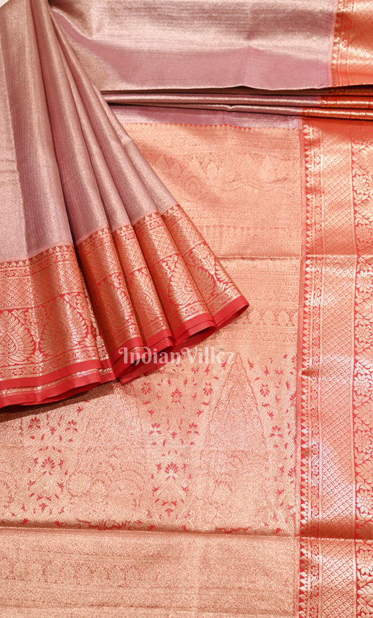 Peach Red Brocade Pure Kanjivaram Tissue Silk Saree