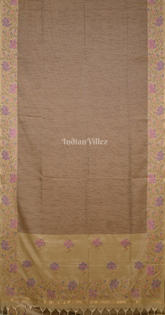 Dusty Brown Tusasr Silk Saree with Floral Bird Embroidery Work