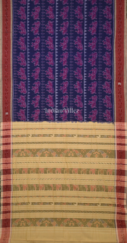 Blue Cream Jungle Motif Odisha Ikat Sambalpuri Cotton Saree