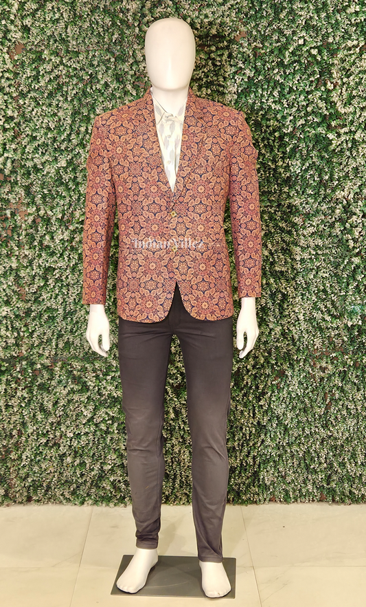 Rust Floral Motif Odisha Ikat Men's Designer Blazer
