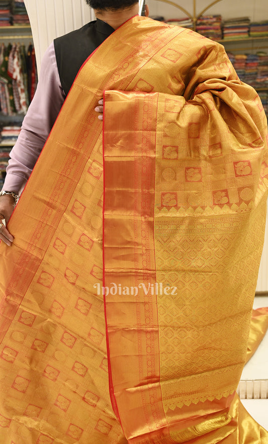 Golden Brocade Pure Kanjivram Silk Saree With Chakram And Annam Motifs