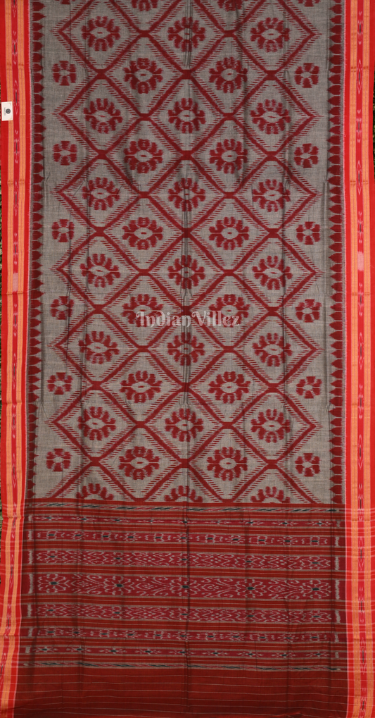 Grey Maroon Bada Phula Odisha Ikat Maniabandha Cotton Saree
