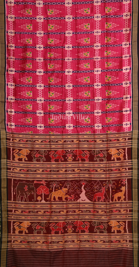 Rani Pink Coffee Chita Design Odisha Ikat Khandua Silk Saree