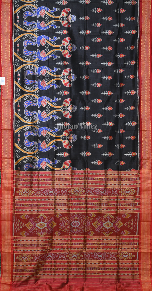 Black Maroon Peacock Scott Odisha Ikat Khandua Silk Saree