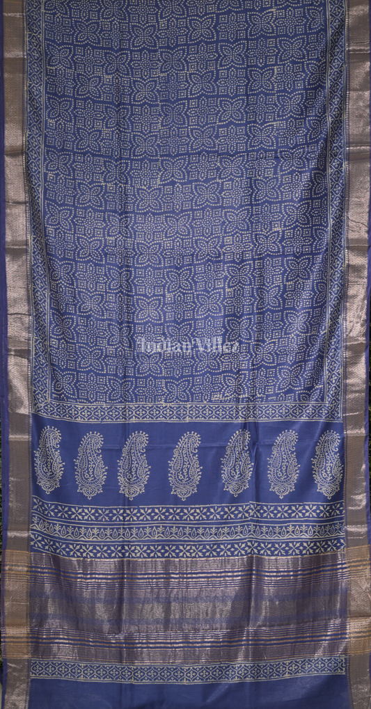 Royal Blue Block Printed Cotton Saree