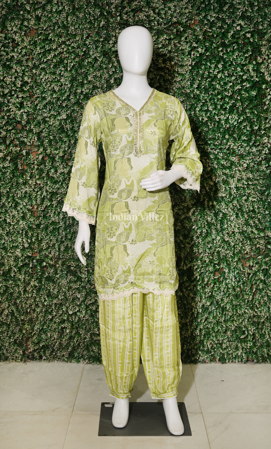 Designer Sage Green Floral Printed Kurta & Pant Set-(Co-Ords Set)