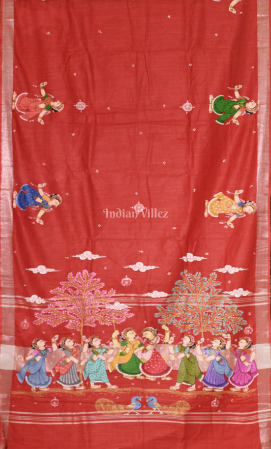 Red Raja Doli Theme Hand-Painted Pattachitra Saree