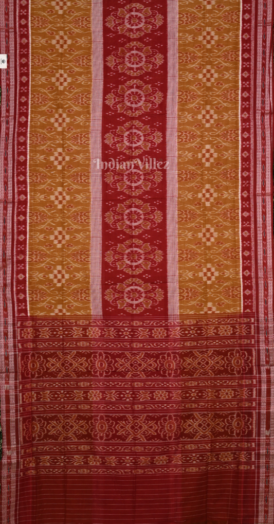 Mustard Yellow Maroon Flower Pasapali Odisha Ikat Sambalpuri Cotton Saree