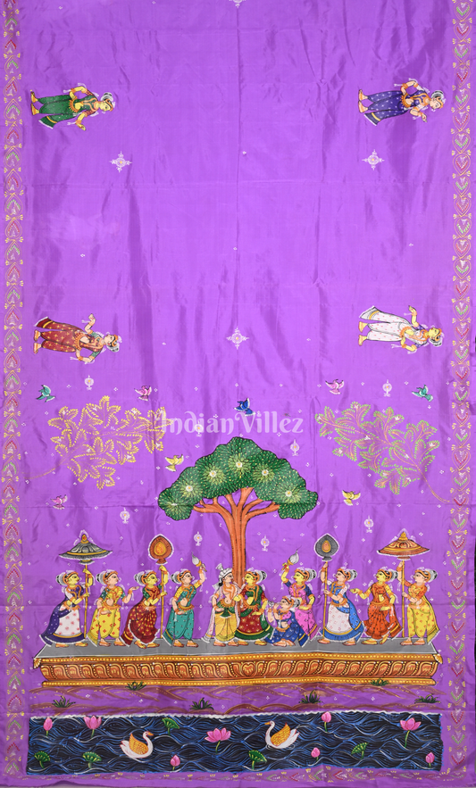 Lavendar Raas Leela Hand-painted Pattachitra Saree