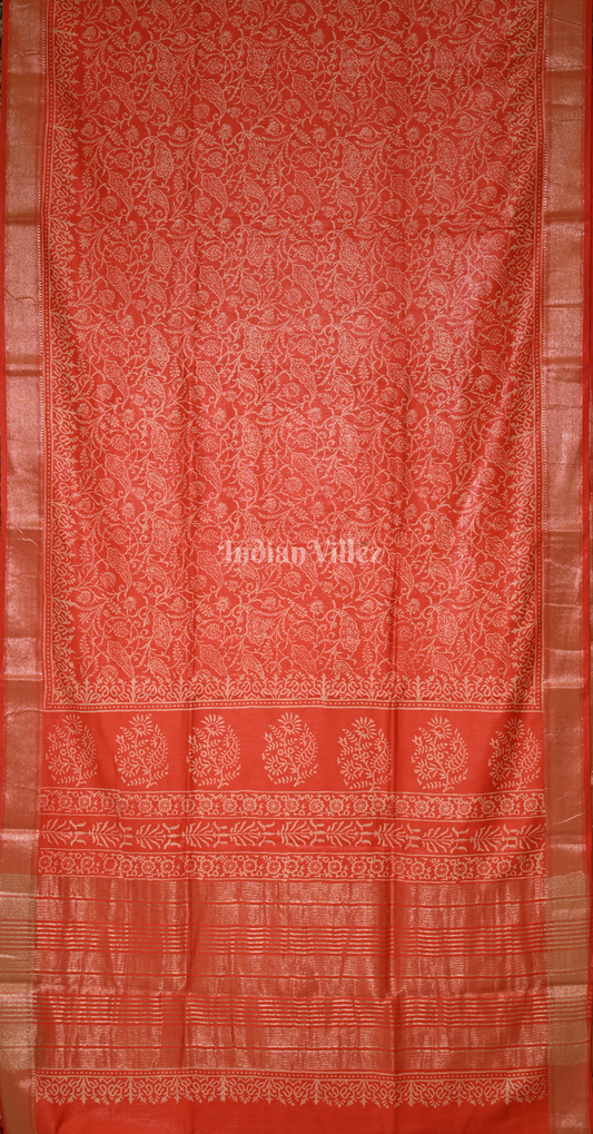 Red Block Printed Cotton Saree