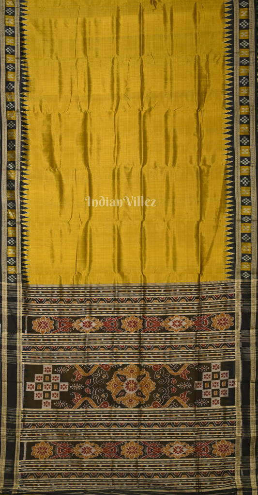 Mustard Yellow Black Pasapali Border Odisha Ikat Khandua Silk Saree