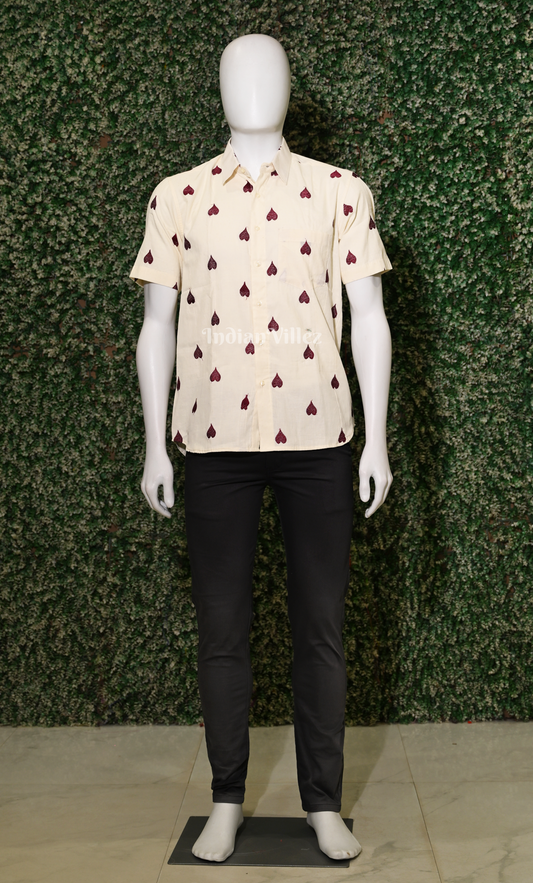 White Maroon Thread work leaf shaped motif Odisha Ikat Cotton Half Sleeve Shirt