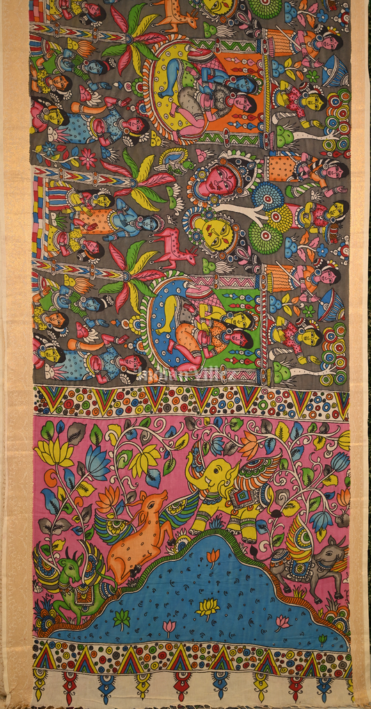 Multi Colour Hand-Painted Natural Dye Cotton Kalamkari Saree