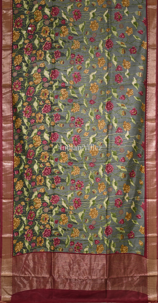 Green Maroon Screen Printed Cotton Saree