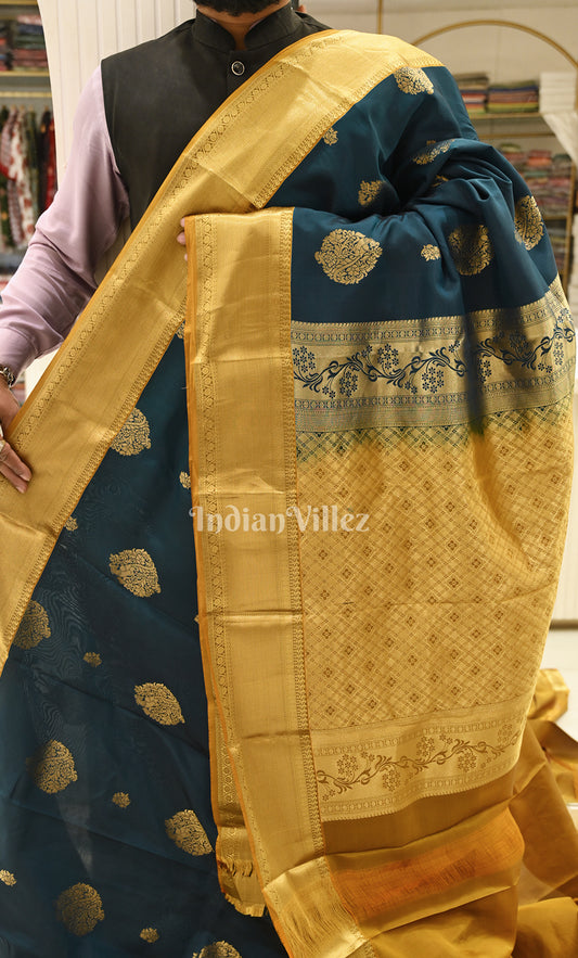 Peacock Blue Mustard Yellow Zari woven Pure Kanjivaram Silk Saree