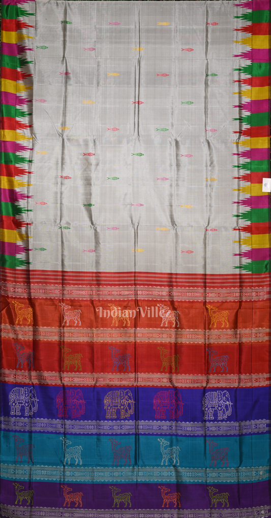 Powder Blue with Multi Colour Fish Motif Double Pallu Berhampuri Silk Saree