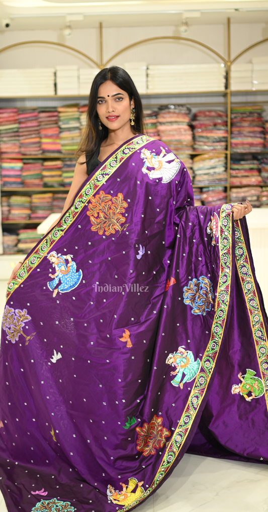 Purple Ardha Chandra Krishna Rasa Leela Hand-Painted Pattachitra Saree