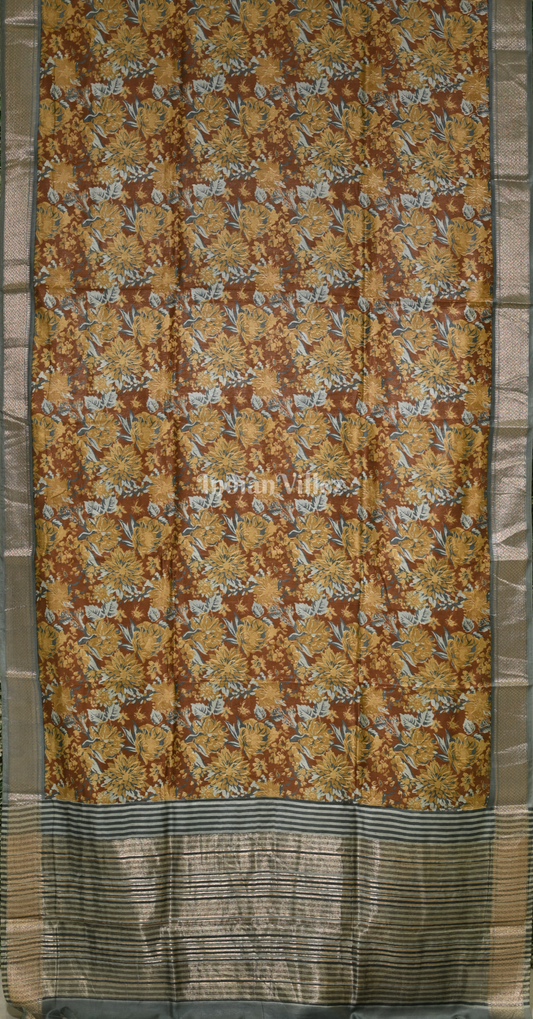 Light Yellow Grey Screen Printed Cotton Saree