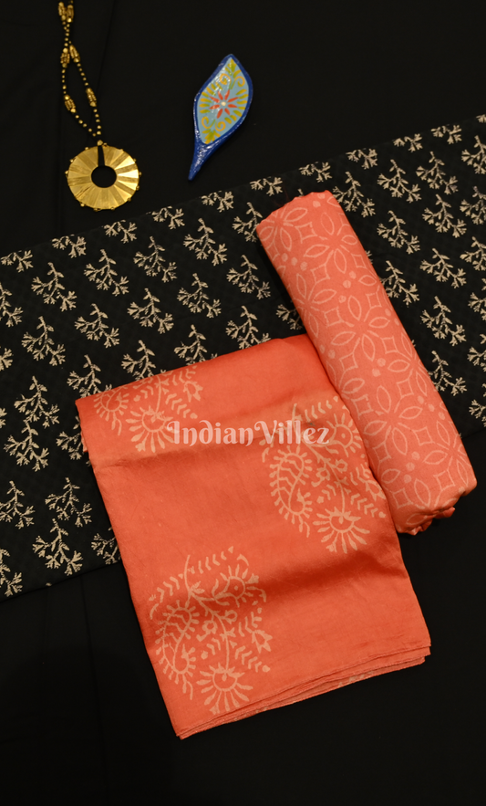 Red Orange Block Printed Chanderi Silk Suit Sets