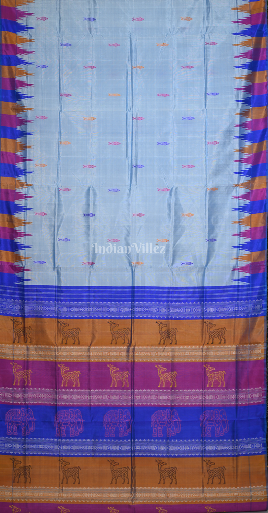 Sky Blue Fish Motif Double Pallu Berhampuri Silk Saree