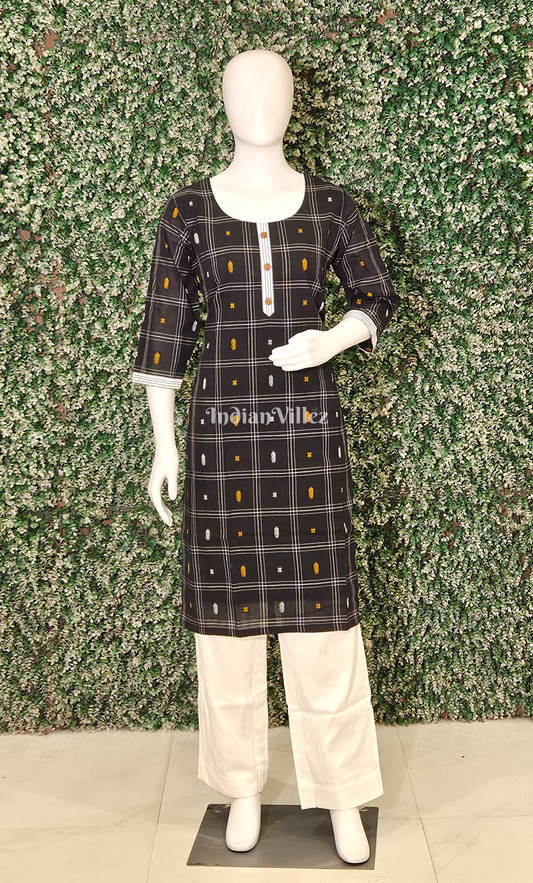 Black White Fish Motif Odisha Ikat Designer Cotton Kurti for Women