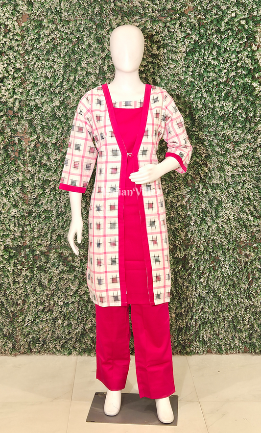 White Pink Aswini Odisha Ikat Designer Cotton Kurti Set with Jacket-