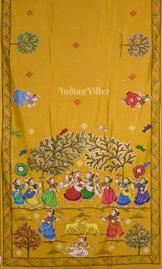 Yellow Raja Doli Theme Hand-Painted Pattachitra Saree