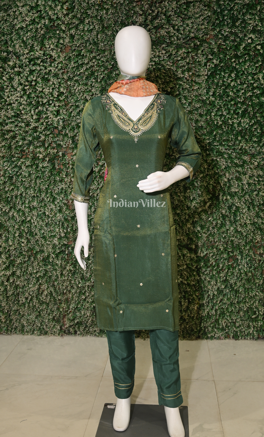Sage Green Embroidered Kurta Pant with Dupatta Set