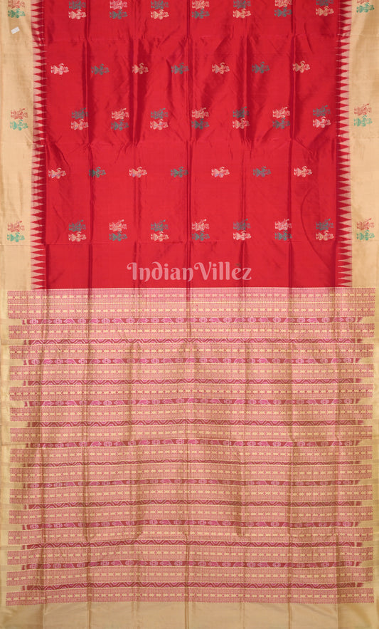 Red Beige Tribal Doli Sawari Odisha Ikat Bomkai Sambalpuri Silk Saree