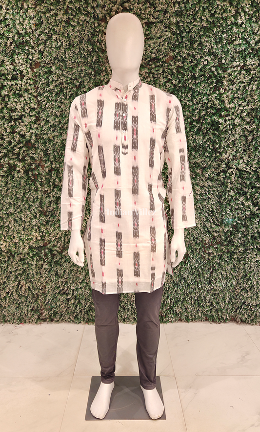 White Floral Odisha Ikat Cotton Kurta for Men