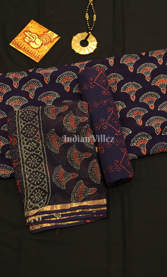 Blue Block Printed Cotton Suit Sets