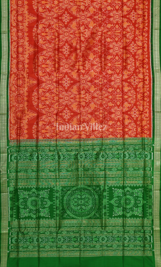Orange Green Jhoti Design Odisha Ikat Sambalpuri Silk Saree