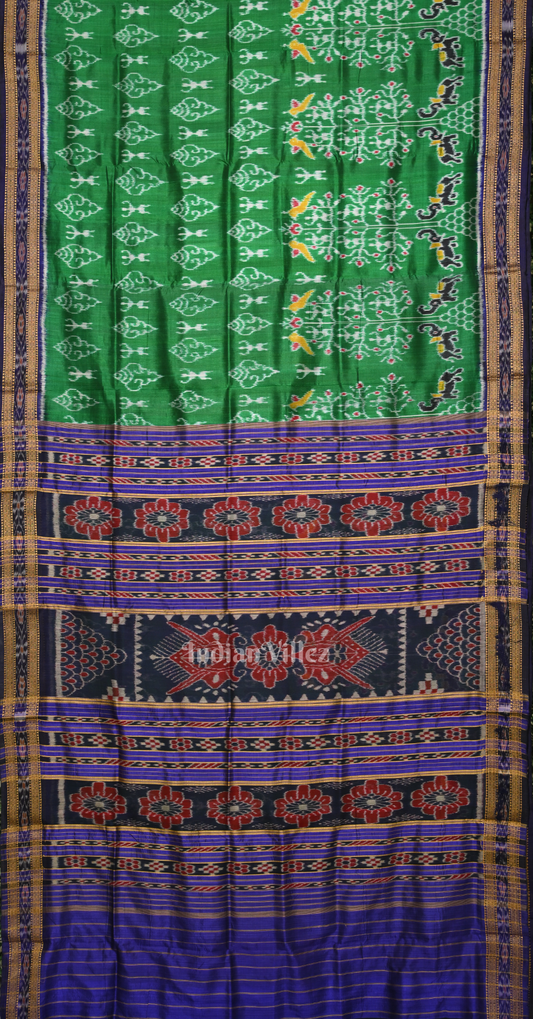 Green Blue Sanklha Tribal Motif Odisha Ikat Khandua Silk Saree