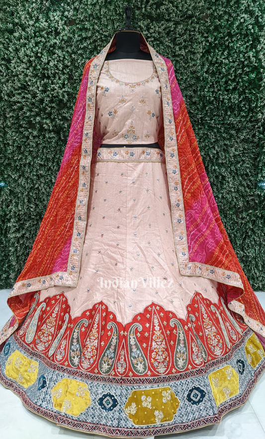 Light Pink with Multicolour Paisley Border Embroidery Lehenga Choli with Bandhini Dupatta