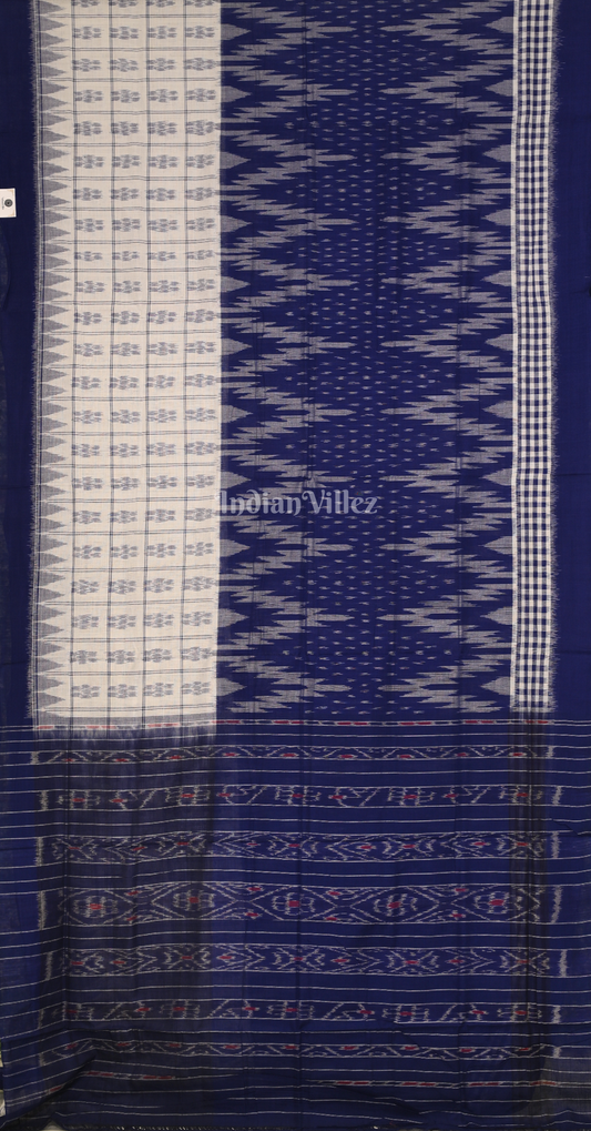 White Blue Half Half Odisha Ikat Maniabandha Cotton Saree