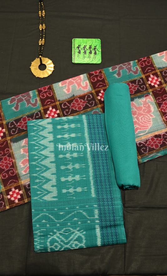 Coffee Green Elephant Theme Odisha Ikat Sambalpuri Dress Set & Dupatta