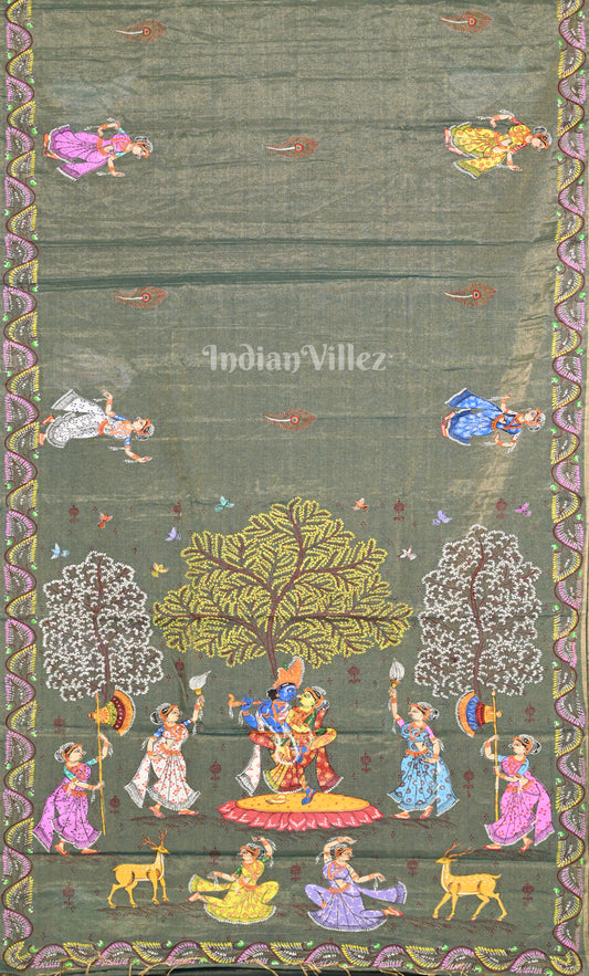 Light Blue Dual Tone Krishna Rasa Leela Hand-Painted Pattachitra Saree