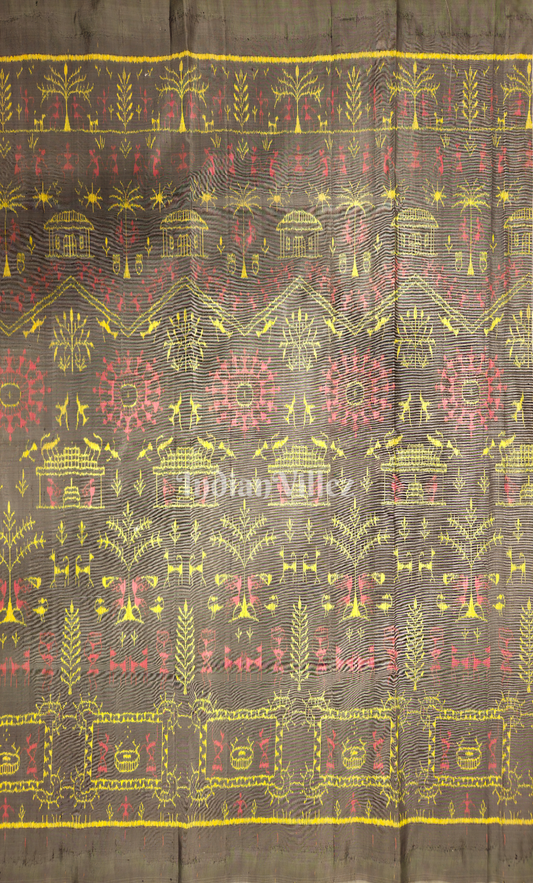 Grey with Multicolor Tribal Motif Odisha Ikat Sambalpuri Silk Fabric