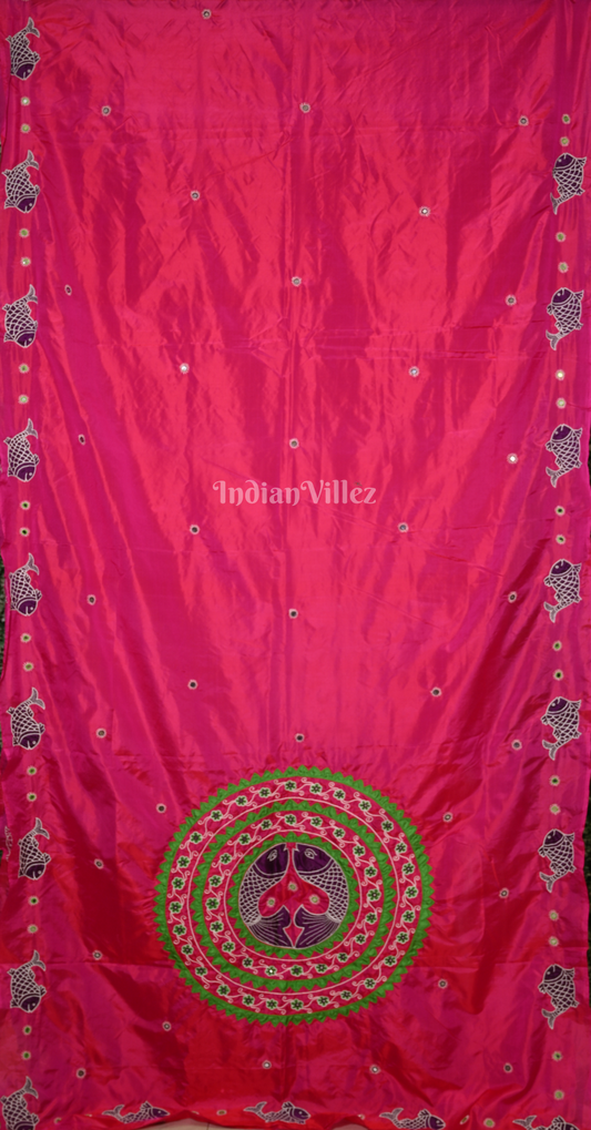 Rani Pink Green Hand Embroidered Applique Work Saree