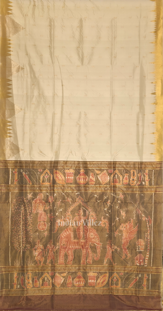 Exclusive Off White Golden Phoda Kumbha Half Tissue Sambalpuri Silk Saree