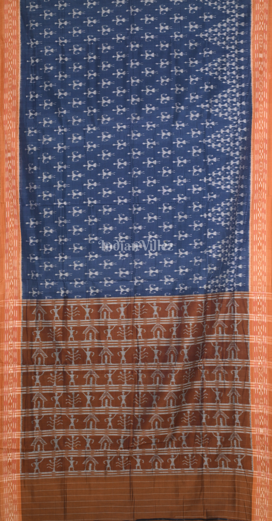 Blue Maroon Tribal Design Odisha Ikat Sambalpuri Pure Cotton Saree