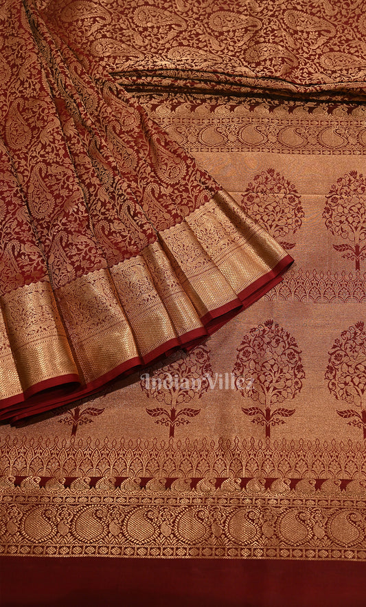 Exclusive Bridal Maroon Paisley Brocade Pure Kanjivaram Silk Saree