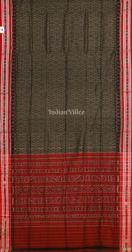 Olive Green Red Odisha Ikat Maniabandha Cotton Saree