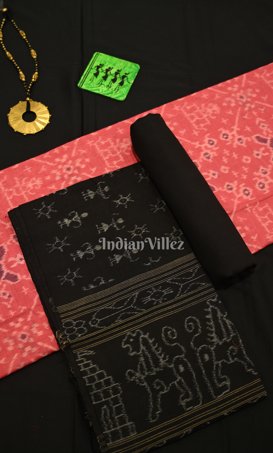 Red Coffee Tribal Design Odisha Ikat Sambalpuri Dress Set & Dupatta